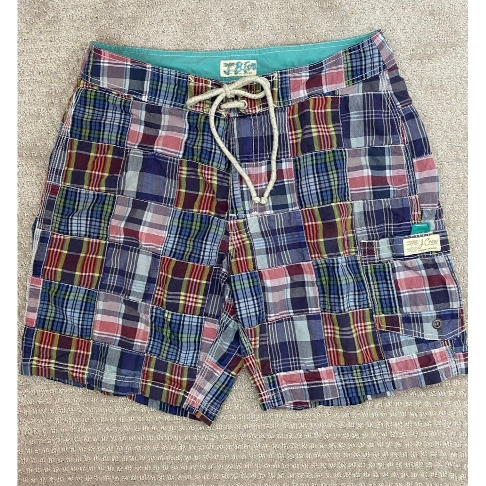 J.Crew Men's Patchwork Madras Board Shorts Swim Trunks Size 30 Multicolor Preppy